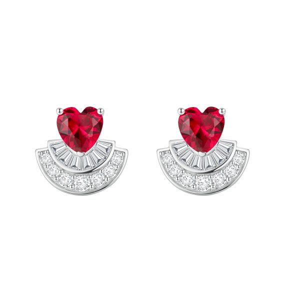 Women's 925 Sterling Silver Heart-Shaped Earrings with Full Diamonds and Pigeon Blood Red Accents