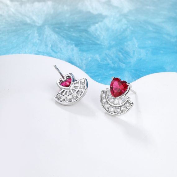 Women's 925 Sterling Silver Heart-Shaped Earrings with Full Diamonds and Pigeon Blood Red Accents - Image 4