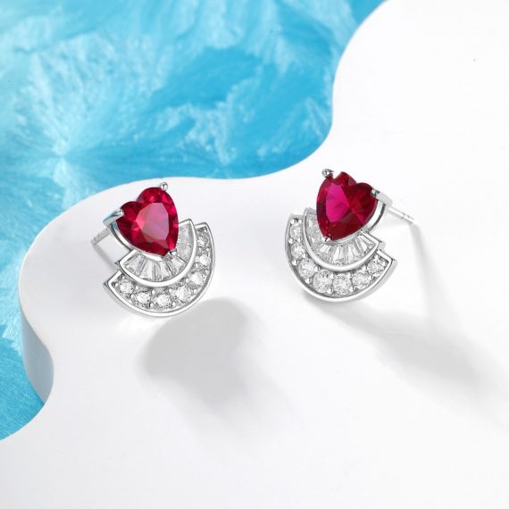 Women's 925 Sterling Silver Heart-Shaped Earrings with Full Diamonds and Pigeon Blood Red Accents - Image 2