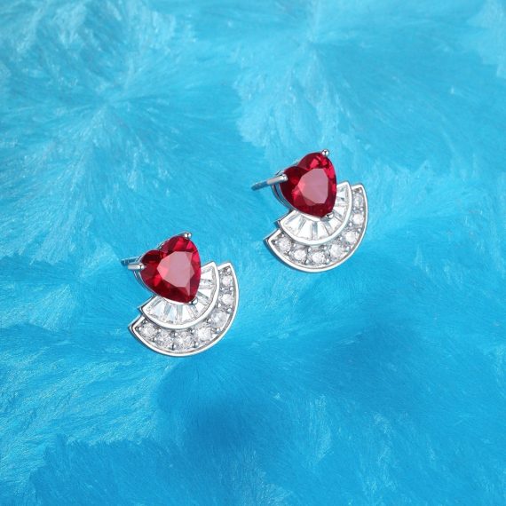 Women's 925 Sterling Silver Heart-Shaped Earrings with Full Diamonds and Pigeon Blood Red Accents - Image 3