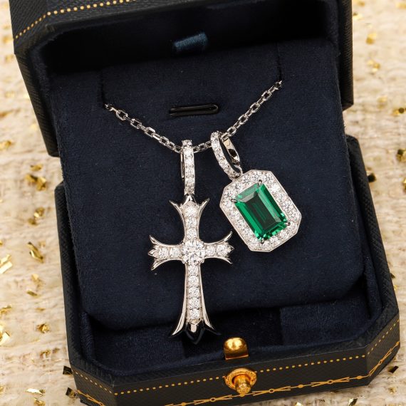 Women's 925 Silver Emerald Cross Necklace with Diamond Gemstone Accents - Image 3