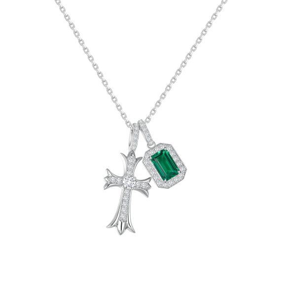 Women's 925 Silver Emerald Cross Necklace with Diamond Gemstone Accents